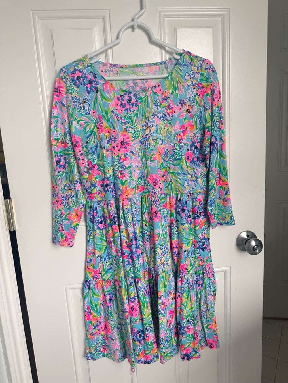 Lilly Pulitzer Light Blue Floral Tiered Dress with Pink & Green Accents